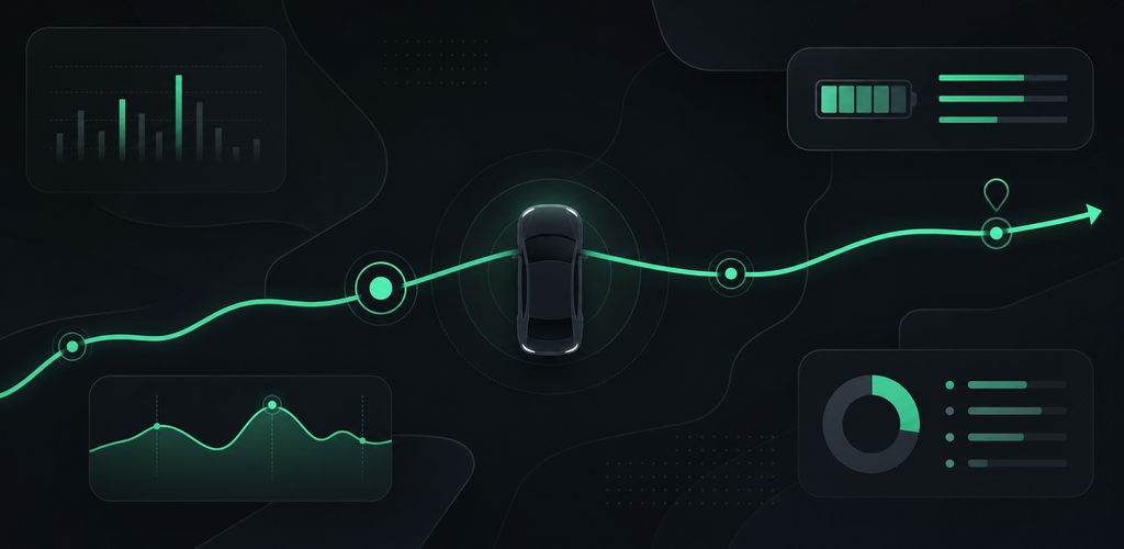 Vehicle journey visual with energy, battery and trip insight panels