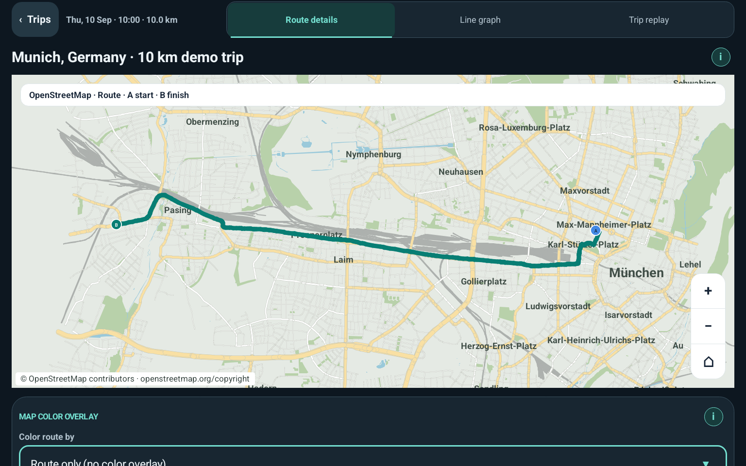 Companion map view of a fictional 10 kilometre trip along roads in Munich, Germany, with start and finish markers