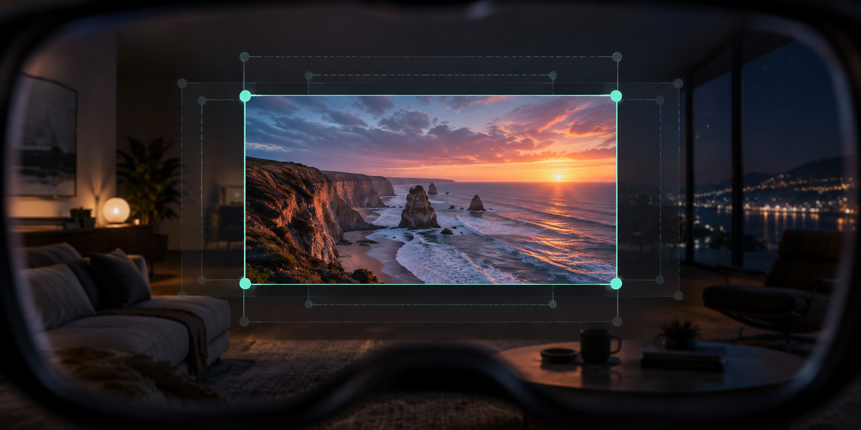 Conceptual view through XR glasses showing a landscape video screen with resize handles and several screen-size positions