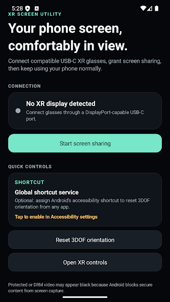 XR Screen Utility home screen with connection, sharing and quick-control options