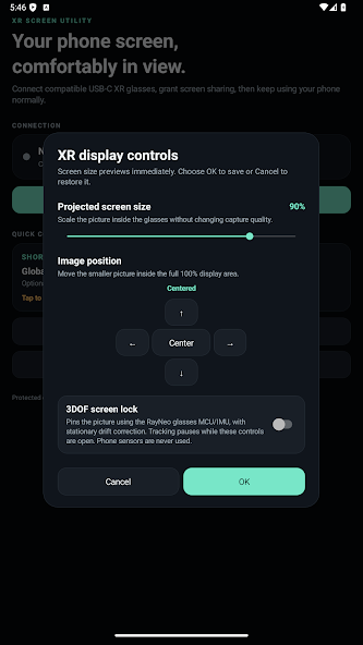 XR display controls over the app with the 3DOF screen lock setting