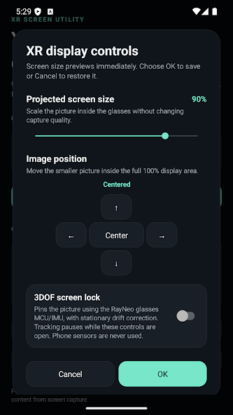 XR display controls showing projected screen size, image position and 3DOF screen lock